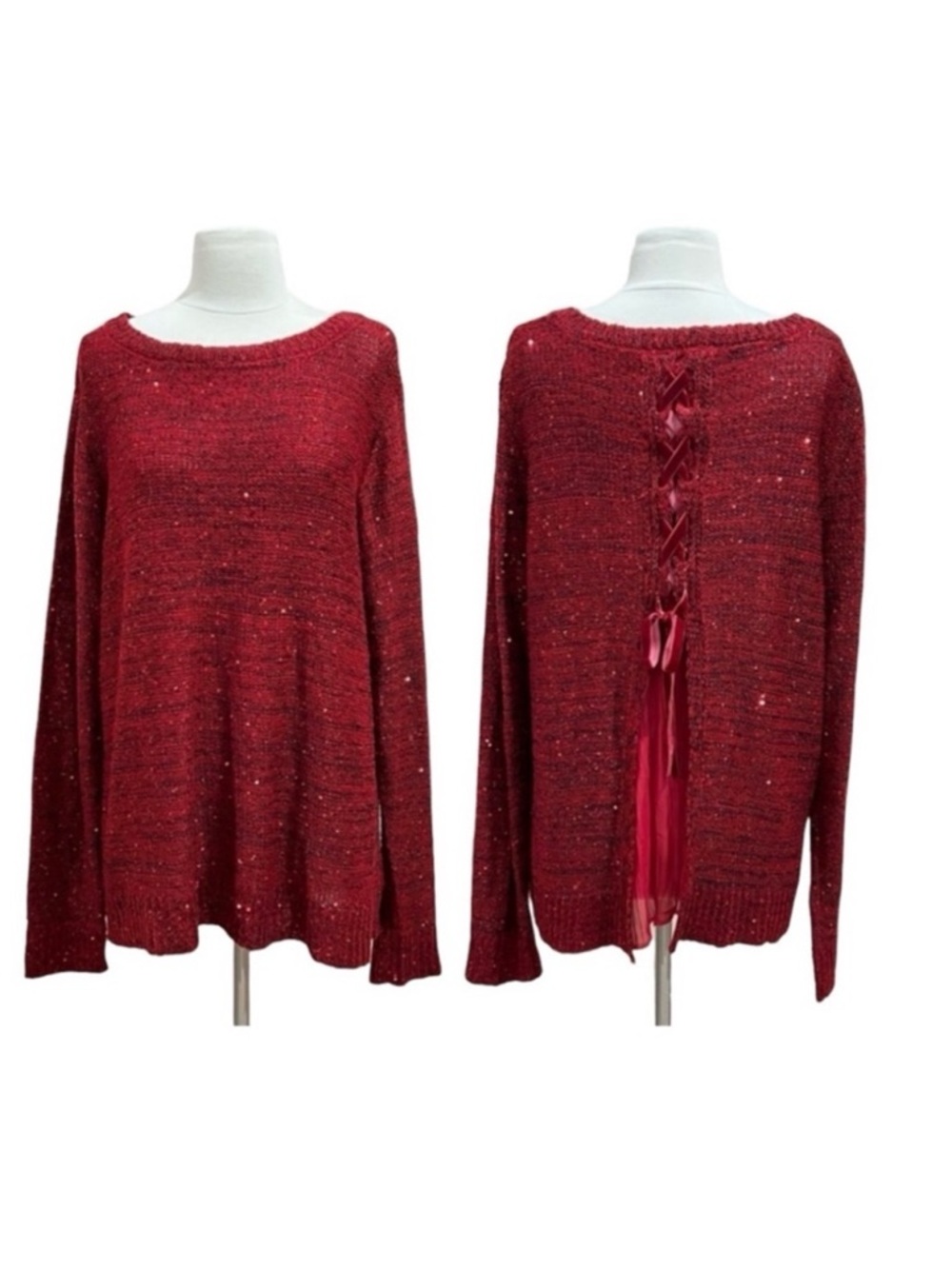 Time and Tru Red Sequins Tunic Sweater with Braided Back Size XL